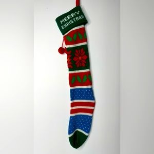 Vintage Knitted Merry Christmas Stocking‎ with Poinsettias and Holly Design